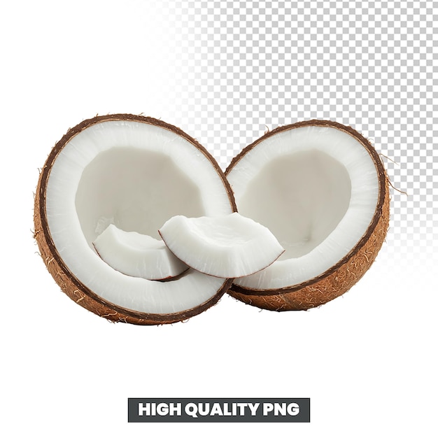 Deux moitiés de noix de coco fraîche avec une tranche