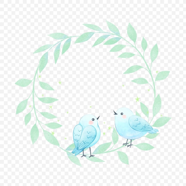 PSD deux oiseaux blancs amoureux sur une couronne de branches vertes aquarelle romantique cadre rond avec des feuilles