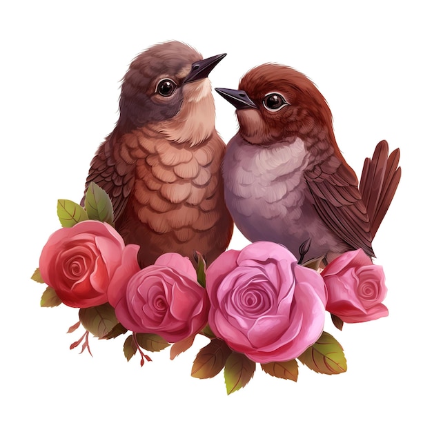 PSD deux oiseaux sur une branche avec des roses image générée par ai