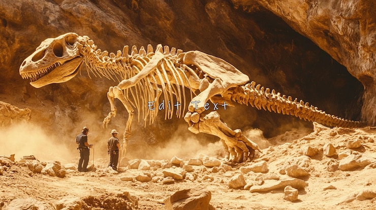 PSD deux paléontologues examinent un énorme squelette de trex découvert dans une grotte du désert.