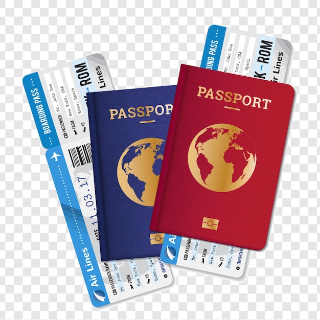 Deux passeports avec billets d'embarquement ensemble réaliste publicité d'agence de voyage aérien internationale
