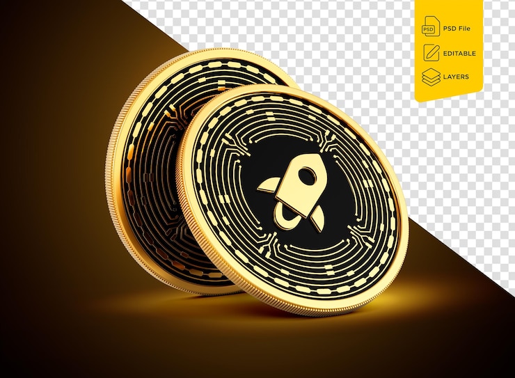 PSD deux pièces de monnaie stellar lumens arrondies en or et en noir illustration 3d