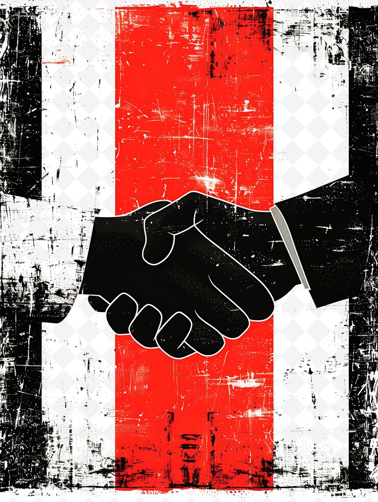 PSD deux poignées de main devant un fond rayé rouge et blanc