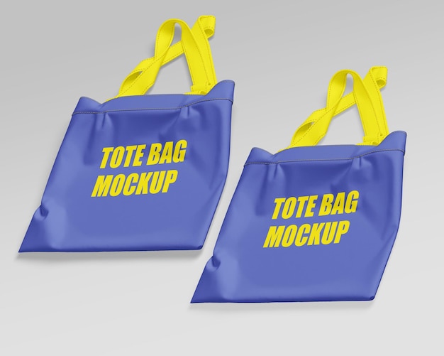 Deux Sacs Fourre-tout Bleus Avec Une écriture Jaune Indiquant La Maquette Du Sac Fourre-tout.