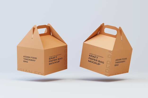 Deux sacs en papier Kraft flottants pour la maquette de marque Fastfood Take Away