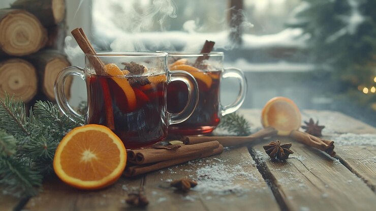 PSD deux tasses de vin chaud à la vapeur avec des épices et des tranches d'orange sur une table en bois rustique près d'une fenêtre enneigée