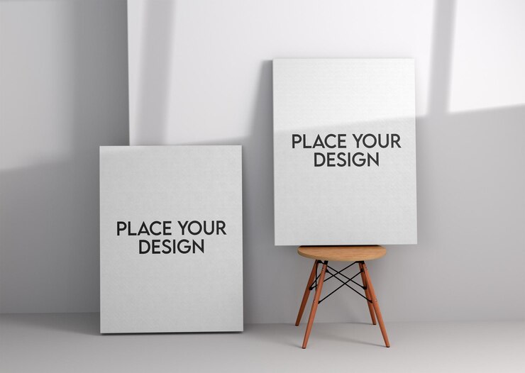 PSD deux toiles blanches pour la présentation de la conception sur un mur blanc avec une chaise moderne