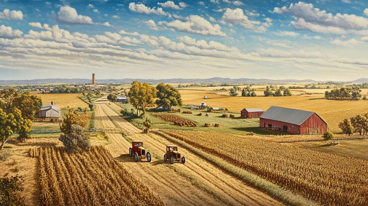 PSD deux tracteurs vintage parcourent une route rurale à travers des champs de maïs récoltés, des granges et des fermes sous un ciel partiellement nuageux.