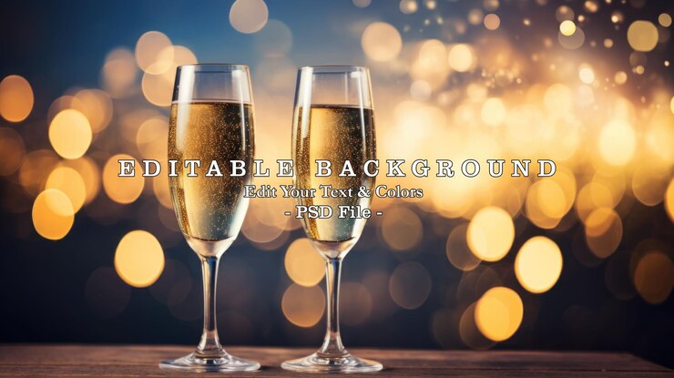 PSD deux verres de champagne prêts à boire isolés sur un fond brillant flou