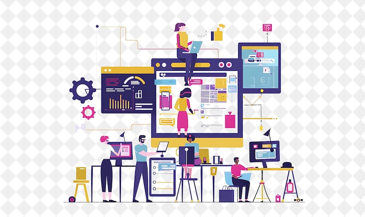 PSD développeur d'applications futuristes avec codage et conception de caractères en png les gens dans l'illustration du travail quotidien