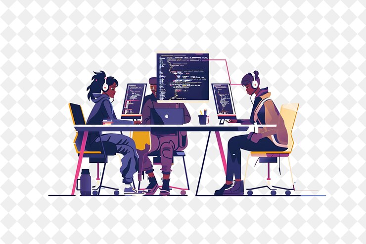 PSD développeur web futuriste avec codage et conception de caractères en png les gens dans l'illustration du travail quotidien