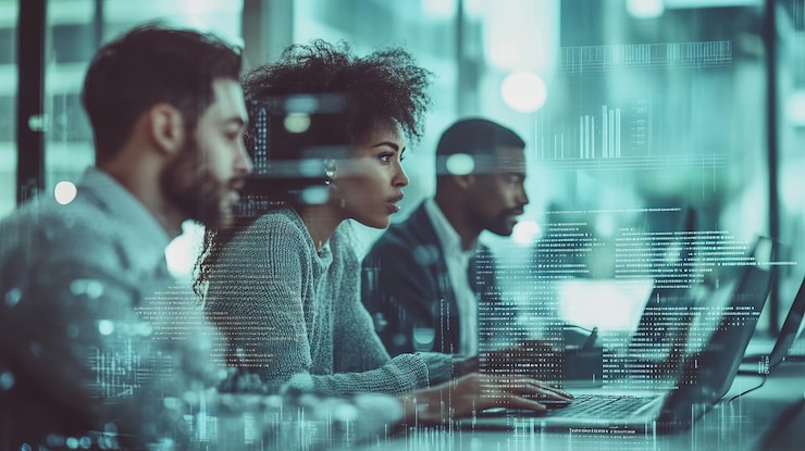 PSD développeurs concentrés travaillant sur le code