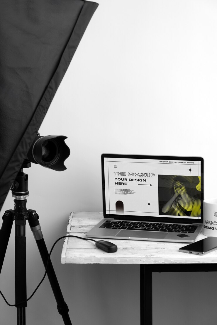 PSD device mockup in photography studio
