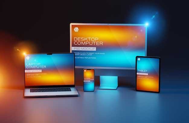 Devices with desktop computer laptop smartphone and tablet Mockup
