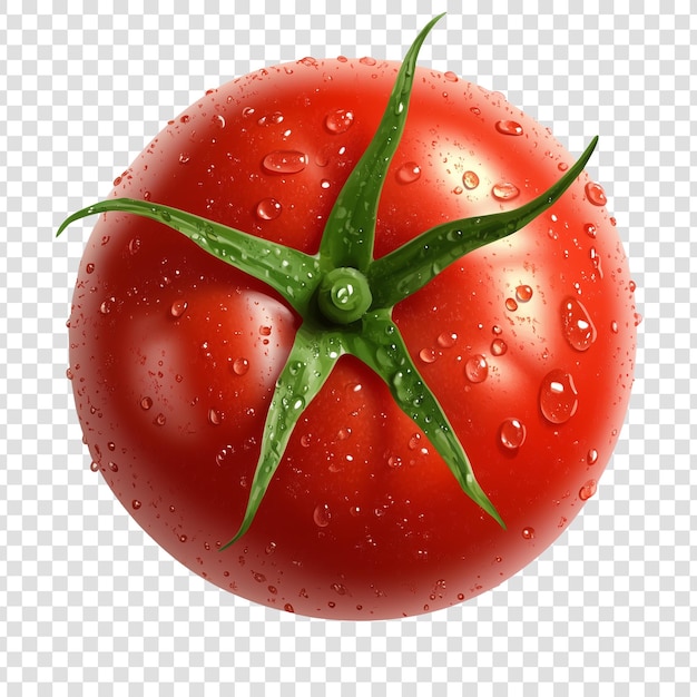 Dewdrops cling to a vibrant red tomato with a star shaped stem on transparent background