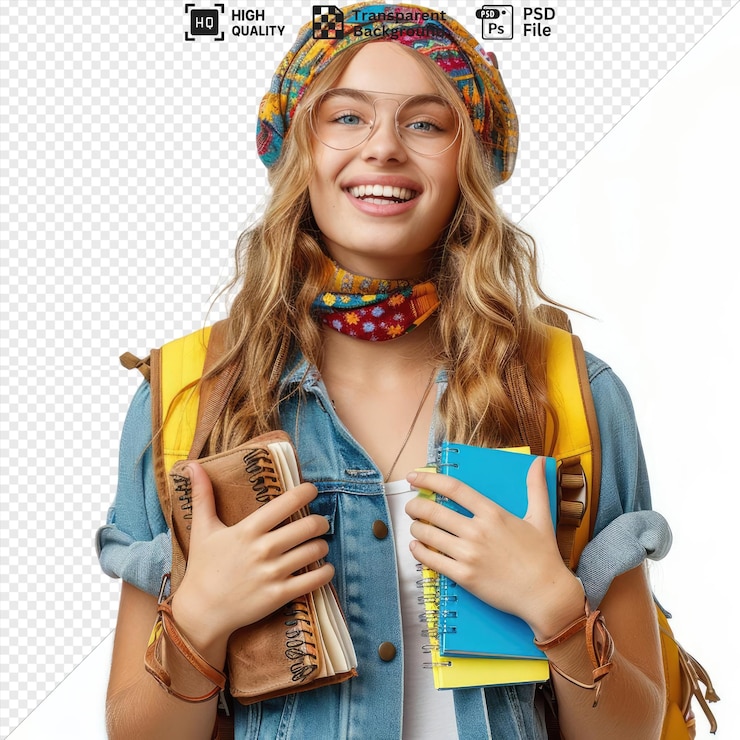 PSD di trasparente eccitato giovane studentessa che indossa bandana e zaino guardando la telecamera che mostra blocchi di nota e un libro blu