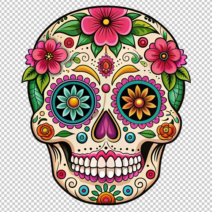 PSD día de la calavera de azúcar muerta con flores en fondo transparente
