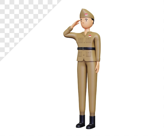 Dia da independência da Indonésia 3D com personagens do exército demonstrando respeito