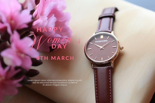 PSD dia da mulher dando presente com relógio para uma menina arte de papel flores cor-de-rosa.