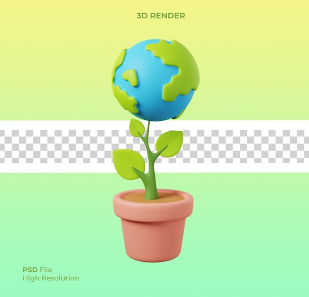 Dia da terra salvar conceito de meio ambiente mundial globo terrestre crescendo em vaso de planta isolado renderização 3d