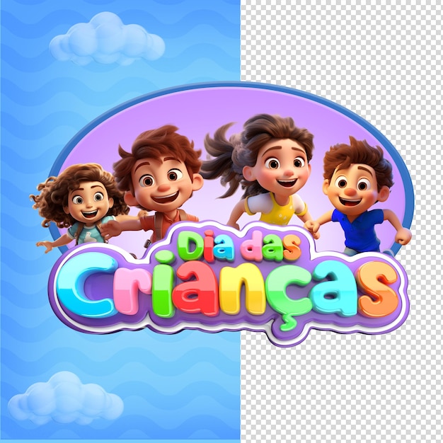 PSD dia das crianças selo 3d texto colorido mascote