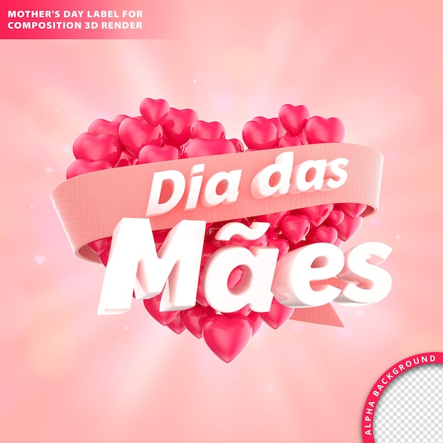 Dia das maes, cartão de dia das mães com redação e coração. Renderização 3D