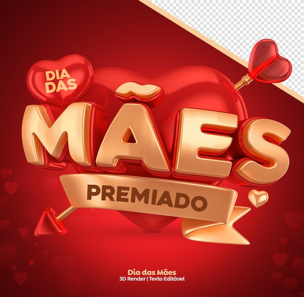 Dia das maes día de la madre otorgado etiqueta 3d render for social media con flechas de corazones y cinta