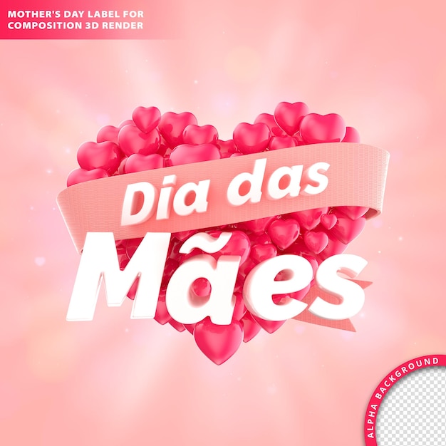 PSD dia das maes, tarjeta de felicitación del día de la madre con texto y corazón. representación 3d