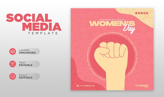 Dia das mulheres, 8 de março com a mão para cima Modelo de postagem de mídia social