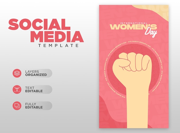 Dia das mulheres, 8 de março com a mão para cima nas histórias de mídia social modelo de postagem