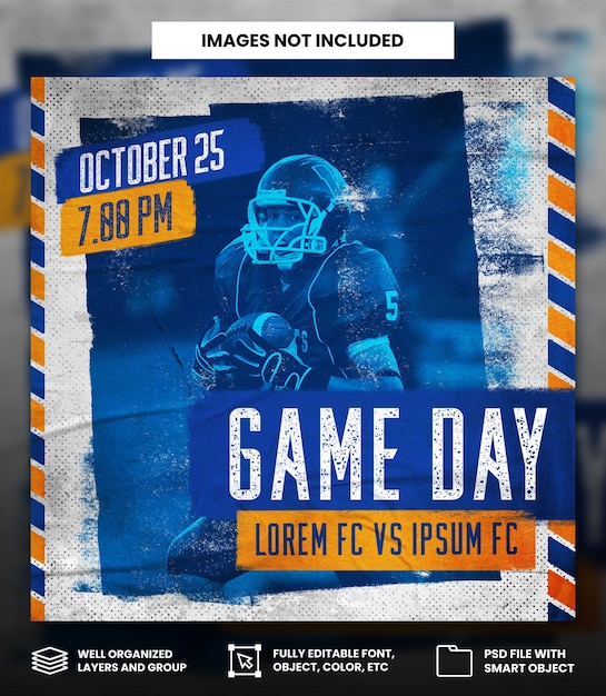 PSD dia de jogo de futebol americano com mídia social de efeito grunge instagram modelo de banner quadrado