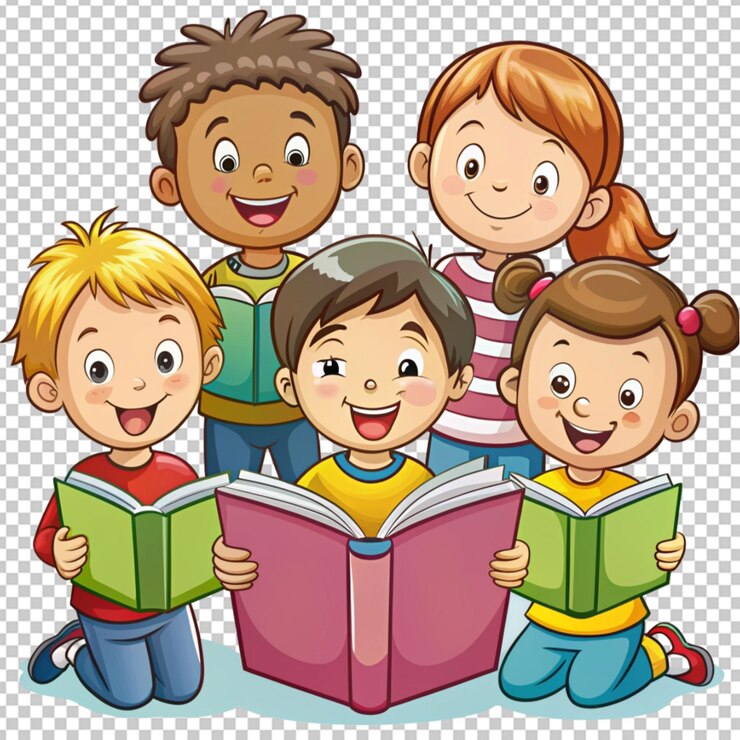 PSD dia de livro com um grupo de crianças desenho animado em fundo transparente