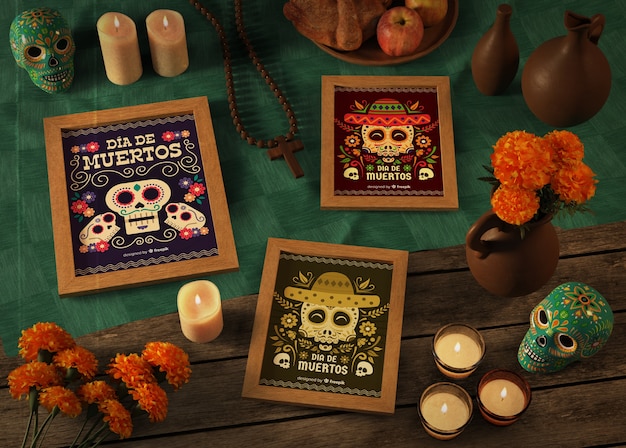 PSD dia de muertos diversity-modelle mit blumen und kerzen