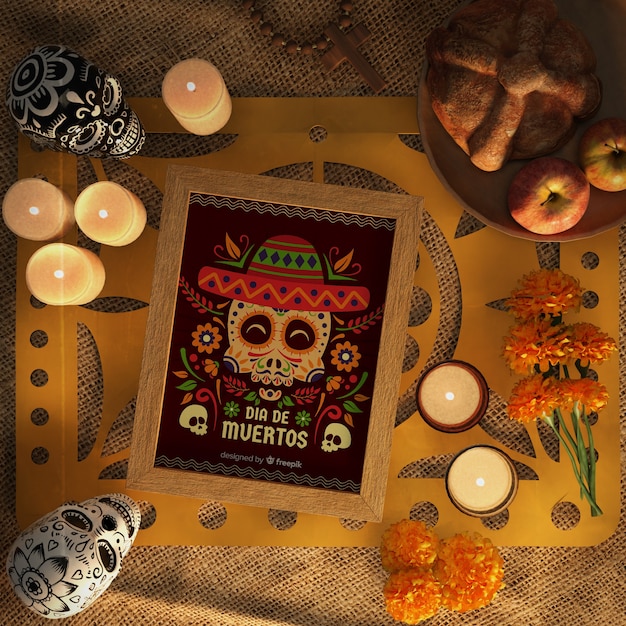 Dia de muertos mock-up rosso circondato da elementi decorativi