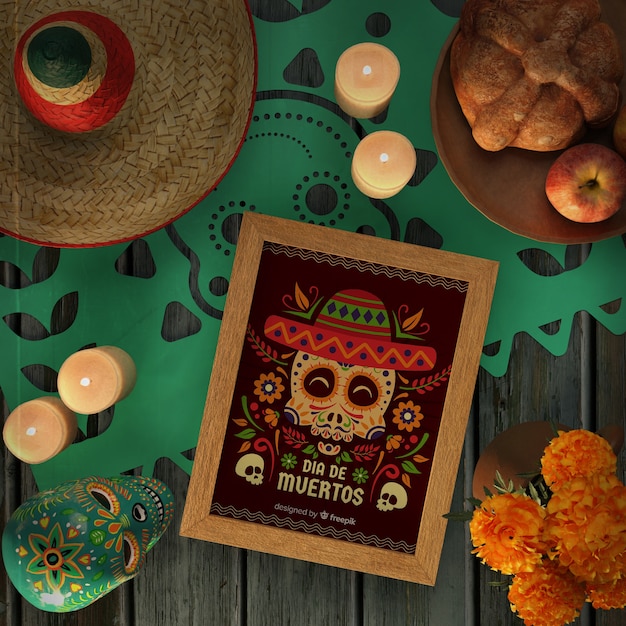 Dia de Muertos rotes Modell, umgeben von dekorativen Elementen