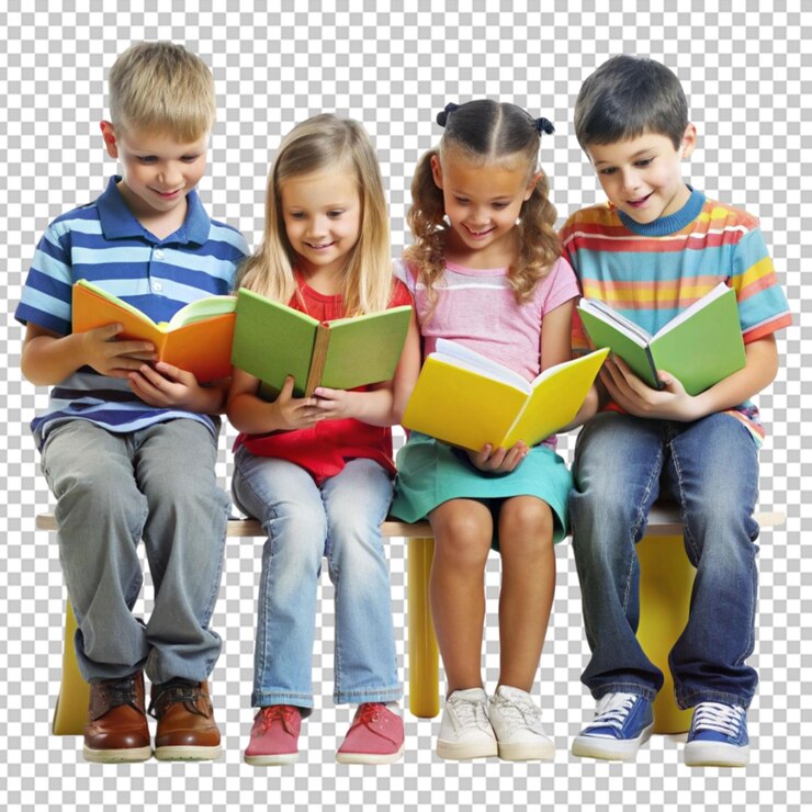 PSD dia do livro com um grupo de crianças em fundo transparente