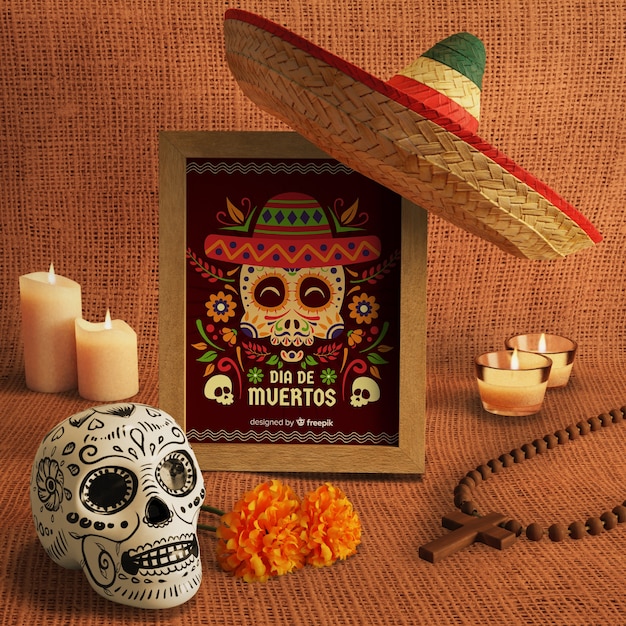 Dia do morto sombrero mexicano tradicional e maquetes de caveira floral