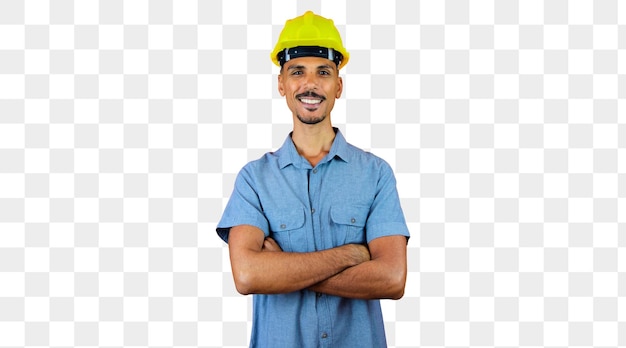 Dia dos engenheiros homem negro em capacete de segurança e camisa azul isolado em laranja