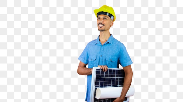 Dia dos engenheiros Homem negro em capacete de segurança e camisa azul isolado Engenheiro segurando painel solar fotovoltaico