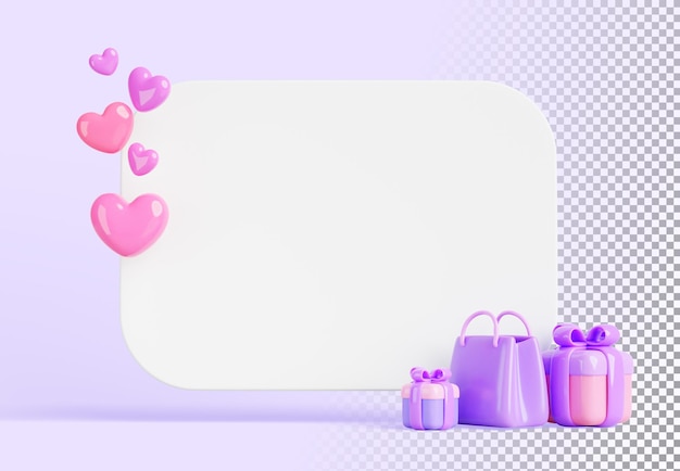 Dia dos namorados 3d banner mockup tabuleiro branco em branco com corações caixas de presentes e sacos de papel de loja em fundo roxo render cartão de saudação com espaço vazio para mensagem de celebração de texto