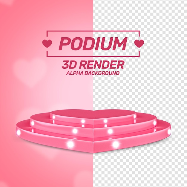 Dia dos namorados pódio coração rosa com luzes renderização em 3d