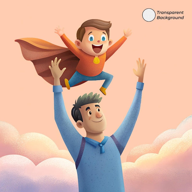 Dia dos Pais Pai e filho brincando de super-herói no céu Ilustração