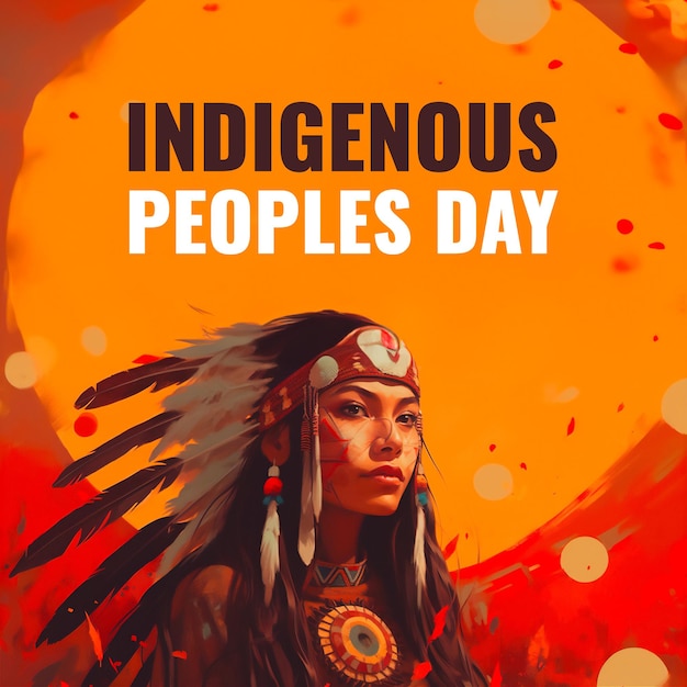 PSD dia dos povos indígenas nativo americano em fundo laranja e vermelho