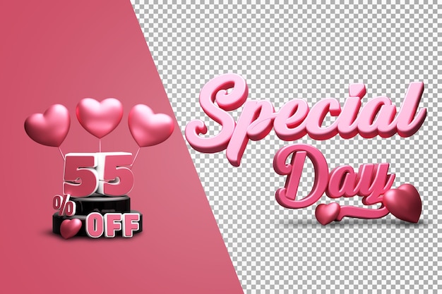 PSD día especial 55 por ciento de descuento en renderizado 3d aislado con color rosa