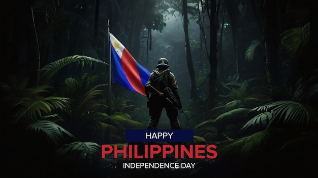 PSD día de la independencia de filipinas con la bandera de filipinas en el frente de la selva oscura