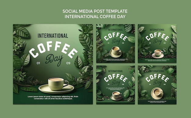 Día internacional del café medios sociales publicaciones flyer plantilla psd verde color natural paisaje en 3d