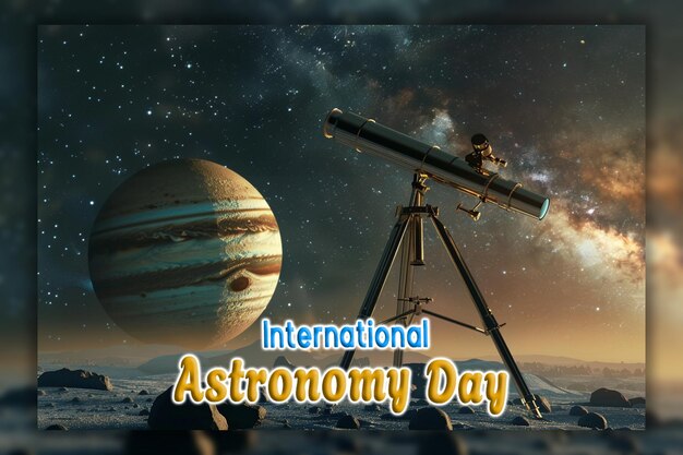 PSD dia internacional da astronomia telescópio observando o céu e fundo de estrelas cadentes