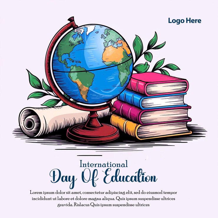 PSD dia internacional da educação conceito de design de mídia social com globo mundial e livro