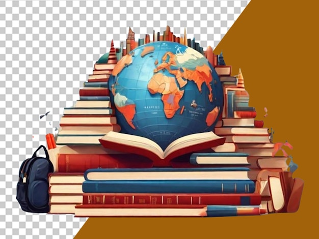 Dia internacional da educação montanha de livros com globo