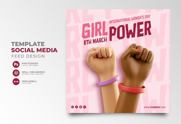 PSD dia internacional da mulher pós mídia social poder feminino feminismo 3d renderização dos desenhos animados da mão
